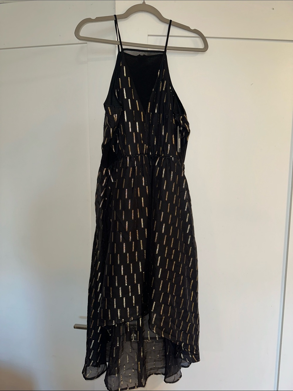 Guess Black and Gold Metallic Accent High-Low Slip Dress